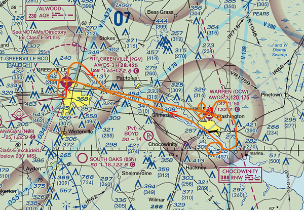 Estimated flight path from KPGV to KOCW and back to KPGV.